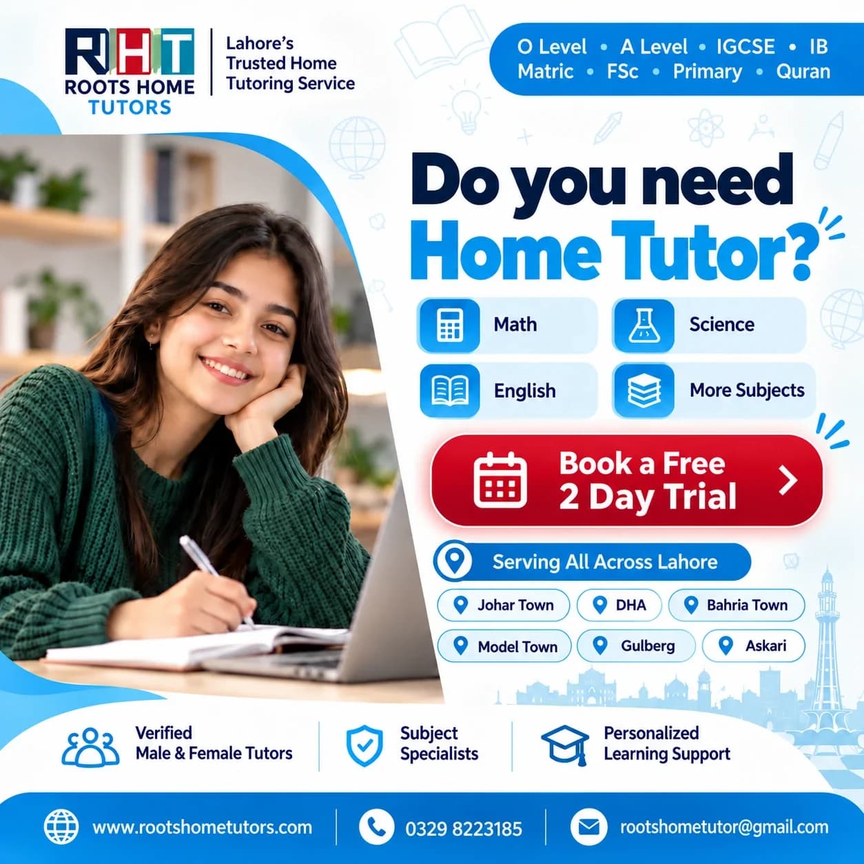 Do you need a home tutor? Book a free 2-day trial with Roots Home Tutors, serving all across Lahore for O Level, A Level, IGCSE, IB, Matric, FSc, Primary and Quran.